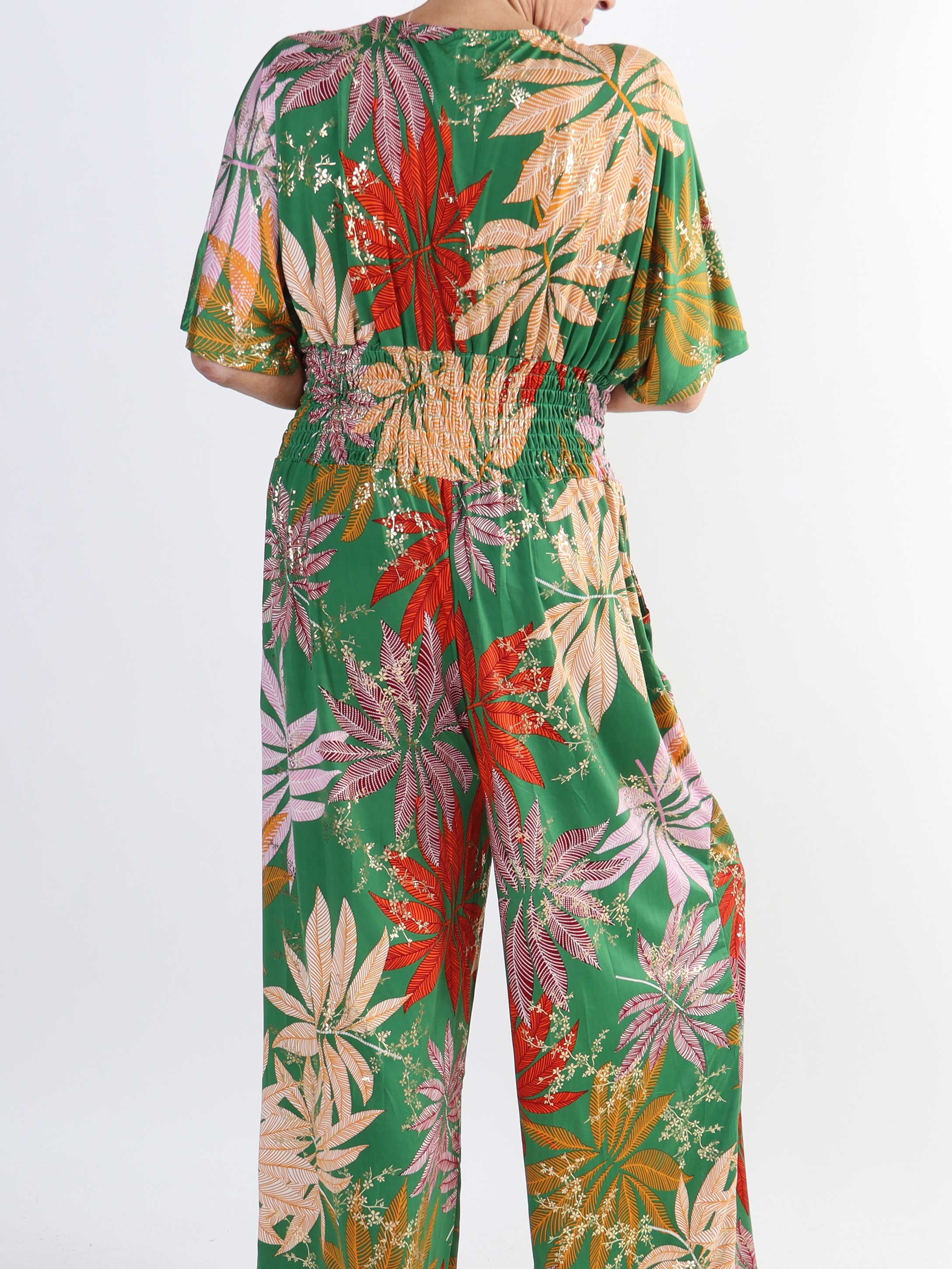 Pams Multi Leaf Jumpsuit - Elastisk plus size buksedragt med bladmønster